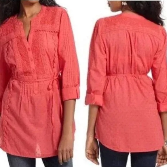 Anthropologie Leifnotes Coral Embroidered Tunic Swiss Dot Boho Beach Blouse - Picture 1 of 8